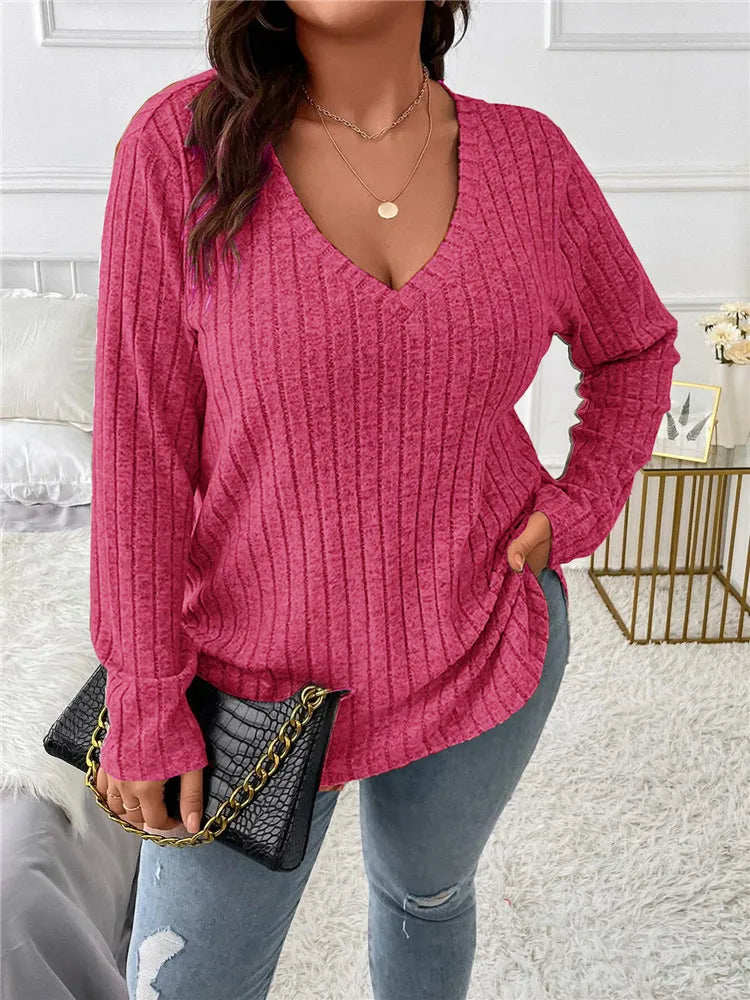 Plus Size  Long Sleeve T-Shirt Casual Fashion V Neck Striped Knitted Tops 