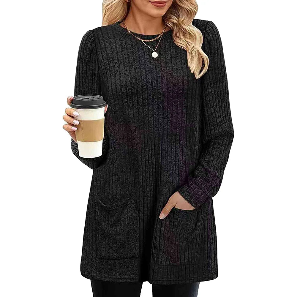 Cozy Mid-Length Pocket Sweater | 2024 Fall-Winter Solid Knit Gown