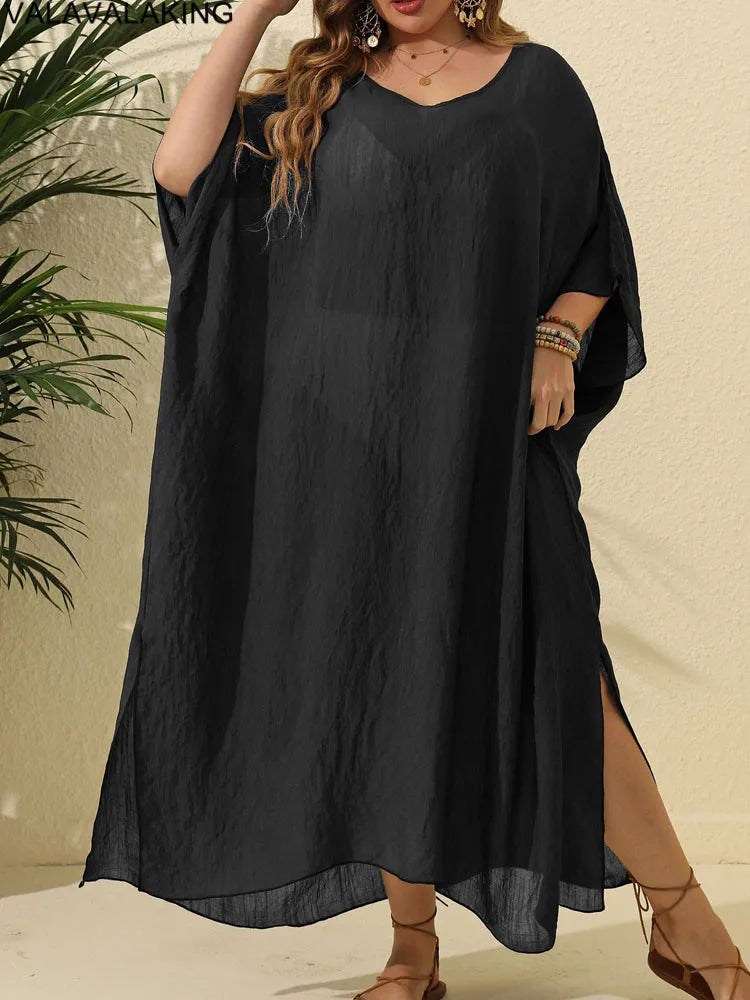 Plus Size Beach Cover-Up Dress | Short Sleeve Solid Tunic for Curvy Women (2025 Collection)