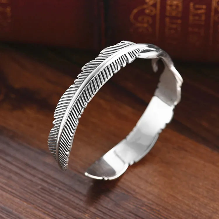 Silver Bangle Feather Leaf 