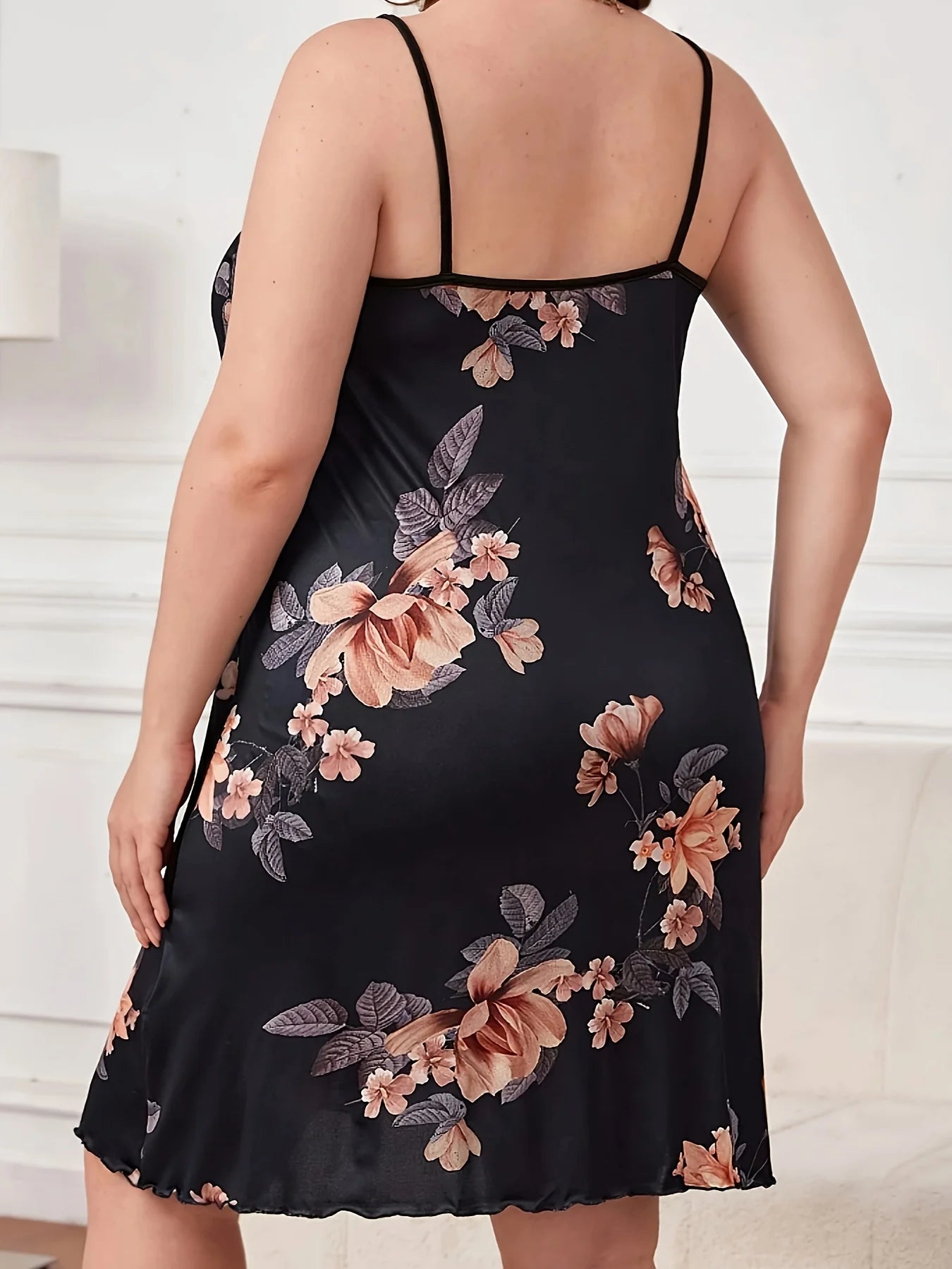 Plus Size Floral Milk Silk Nightdress | Loose Fit Summer Sling Dress with Ruffle Trim