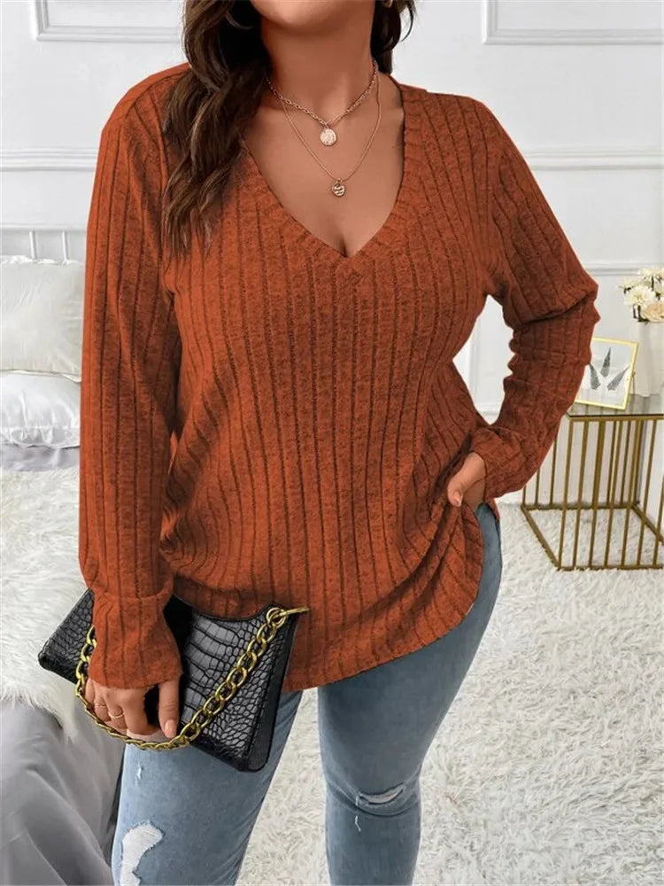 Plus Size  Long Sleeve T-Shirt Casual Fashion V Neck Striped Knitted Tops 