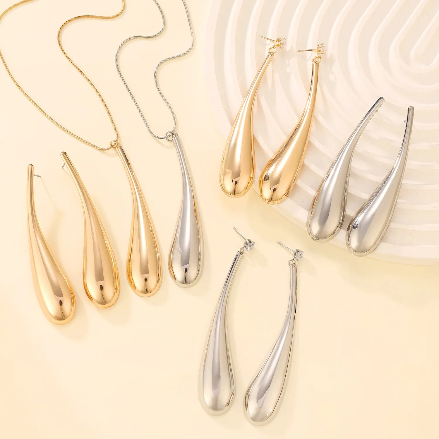 Punk Style Large Water Droplet Pendant Necklace & Earrings for Women