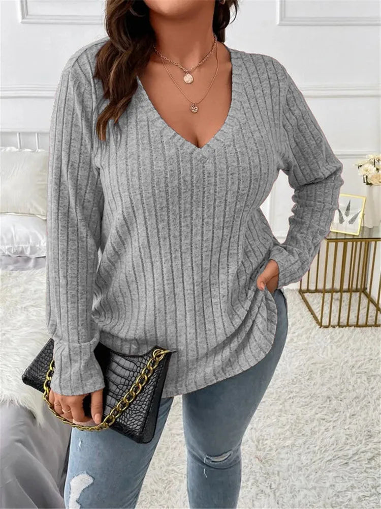 Plus Size  Long Sleeve T-Shirt Casual Fashion V Neck Striped Knitted Tops 