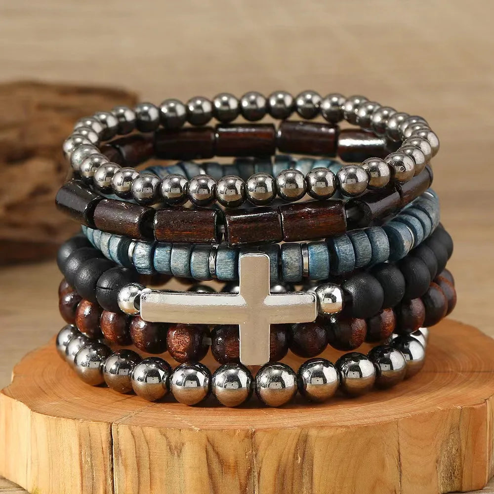  5Pcs/Set Vintage Bronze Wood Beads Feather Bracelets 