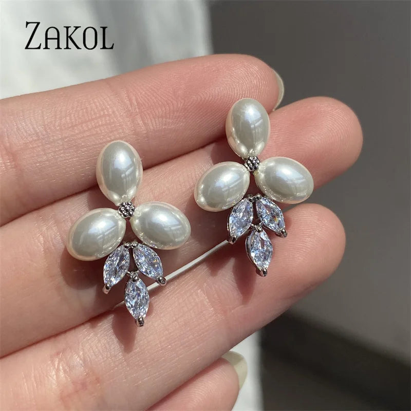 Marquise Zirconia CZ Stone  Earrings for Women Delicate Irregular Pearls Bridal Wedding Jewelry Birthday Gift