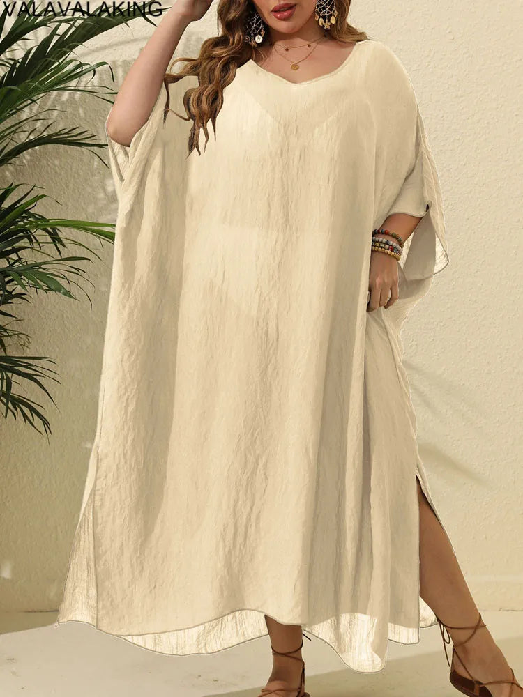 Plus Size Beach Cover-Up Dress | Short Sleeve Solid Tunic for Curvy Women (2025 Collection)