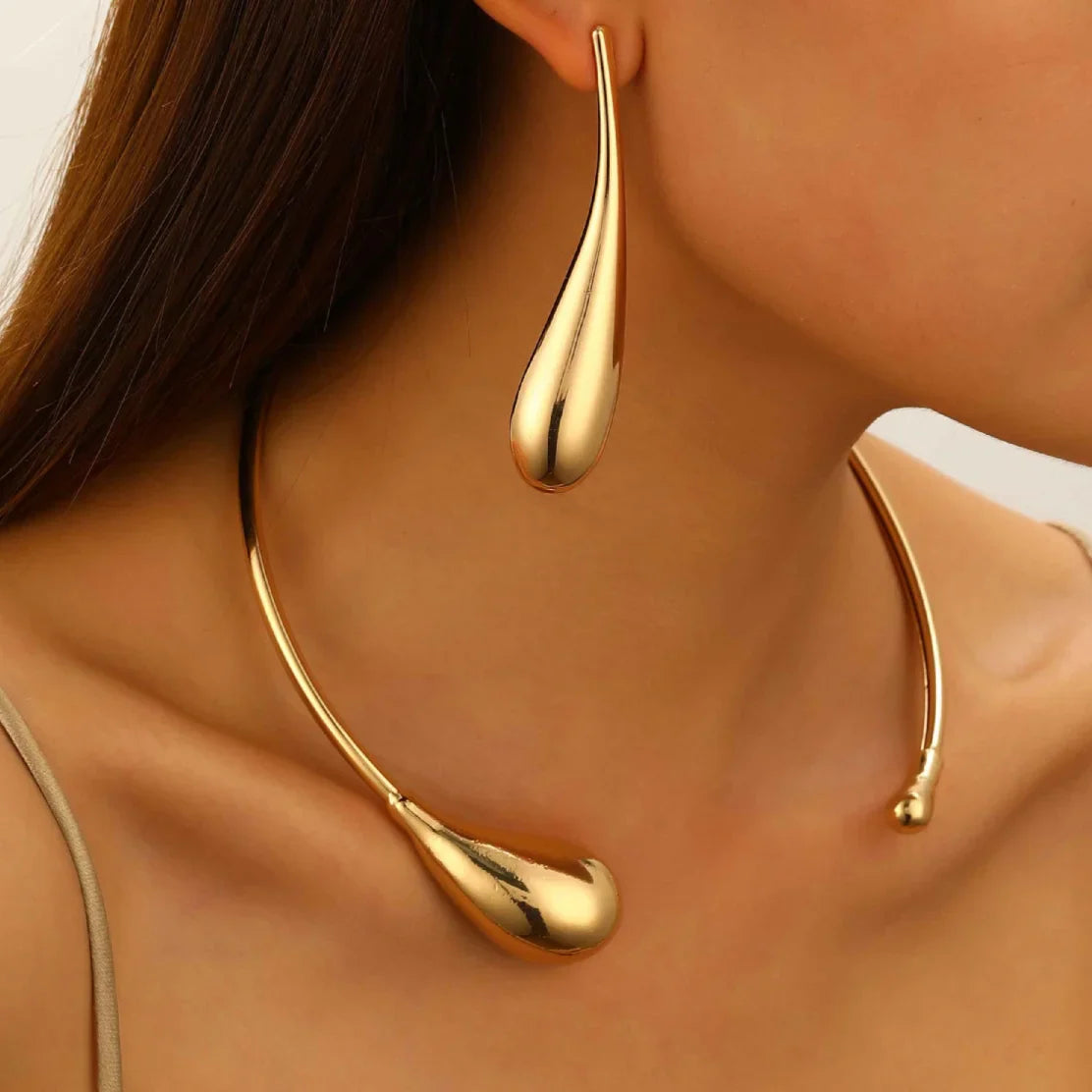 Punk Style Large Water Droplet Pendant Necklace & Earrings for Women
