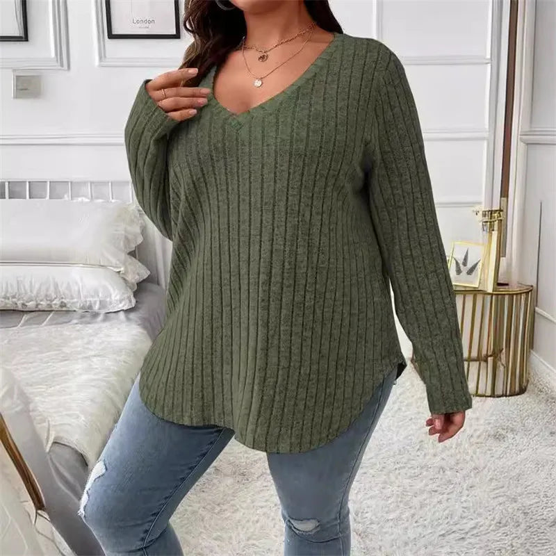 Plus Size  Long Sleeve T-Shirt Casual Fashion V Neck Striped Knitted Tops 