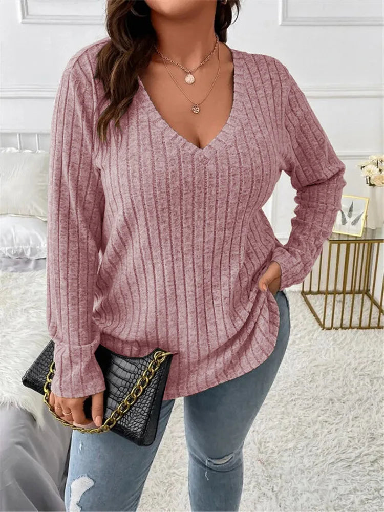 Plus Size  Long Sleeve T-Shirt Casual Fashion V Neck Striped Knitted Tops 