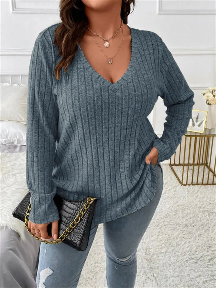 Plus Size  Long Sleeve T-Shirt Casual Fashion V Neck Striped Knitted Tops 