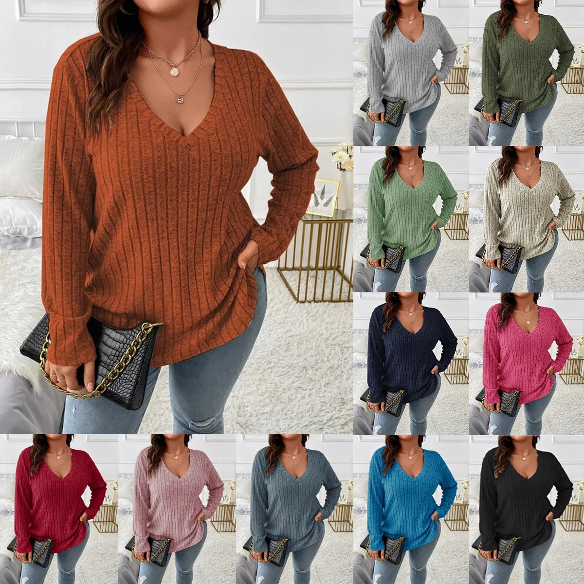 Plus Size  Long Sleeve T-Shirt Casual Fashion V Neck Striped Knitted Tops 