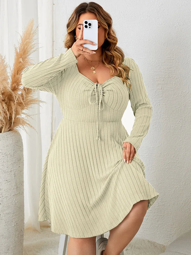 Curvy Sweetheart Neck A-Line Dress | Fall Vintage Ribbed Knit Elegance