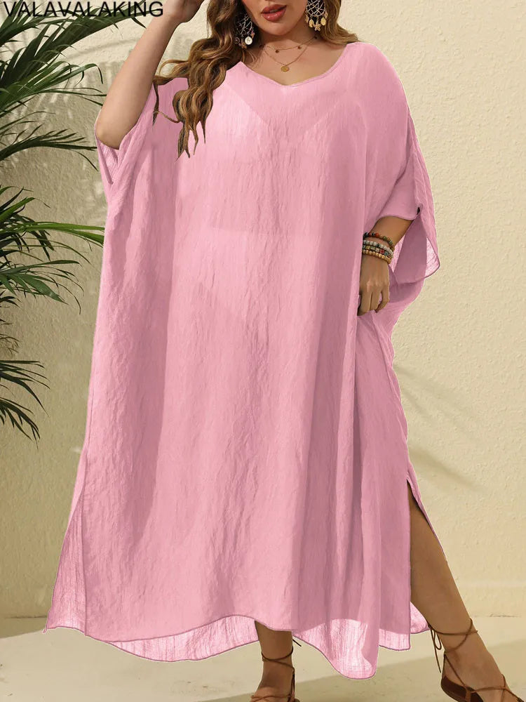 Plus Size Beach Cover-Up Dress | Short Sleeve Solid Tunic for Curvy Women (2025 Collection)