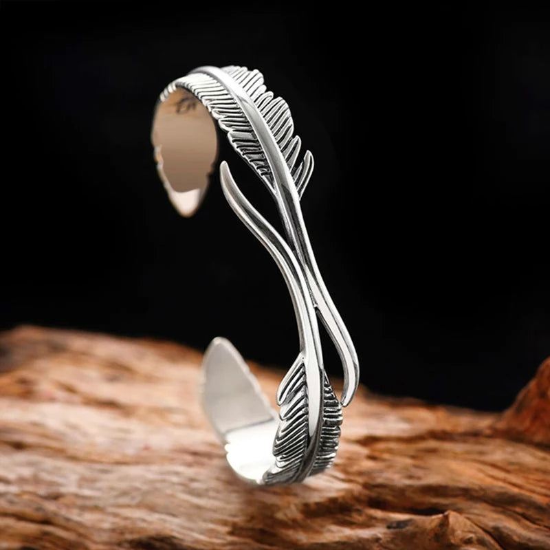Silver Bangle Feather Leaf 