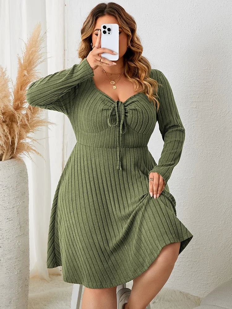 Curvy Sweetheart Neck A-Line Dress | Fall Vintage Ribbed Knit Elegance