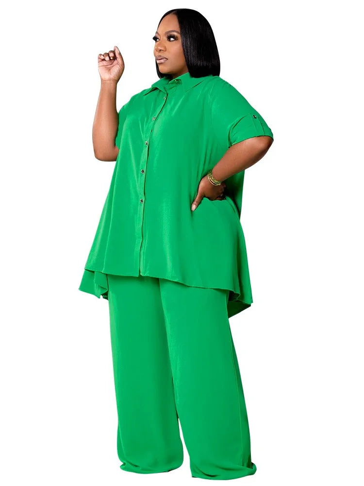 Two Piece Set 5XL  Solid Button T Shirt Wide Leg Pants
