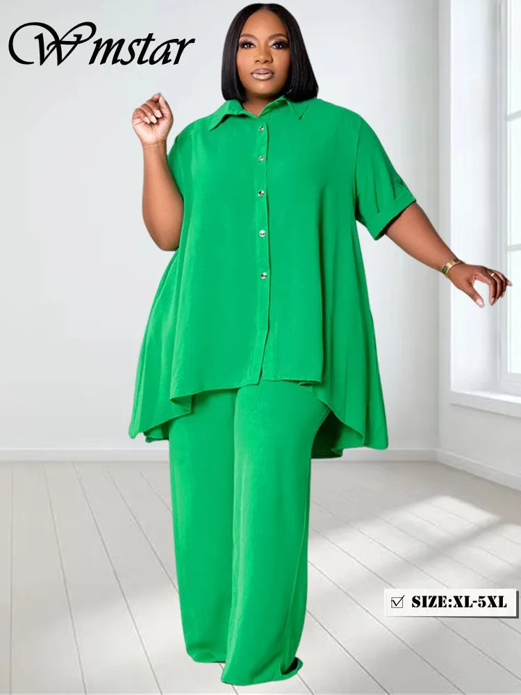 Two Piece Set 5XL  Solid Button T Shirt Wide Leg Pants