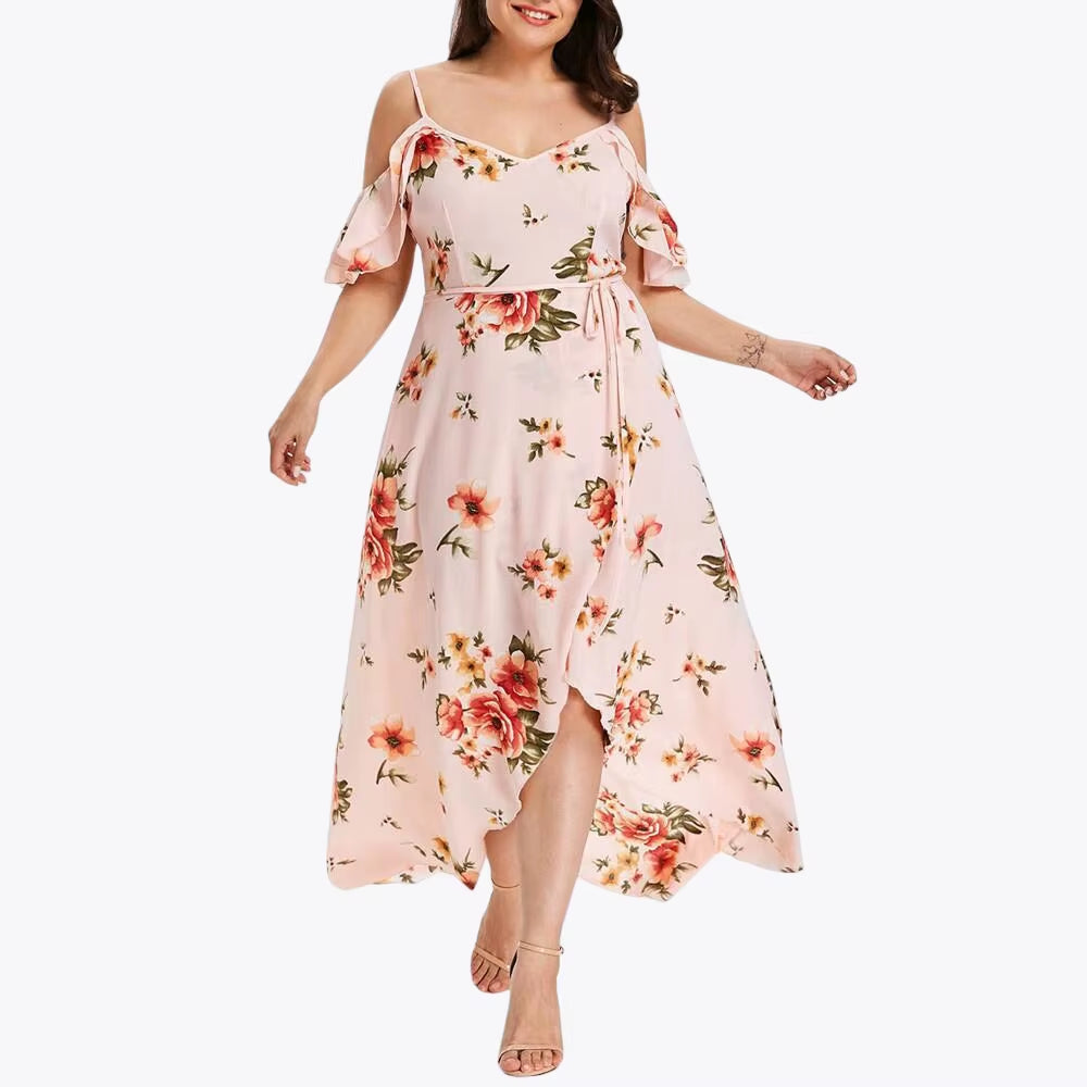 Plus-Size Summer Floral Print Casual Dress – Loose Fit Sling Style for Women