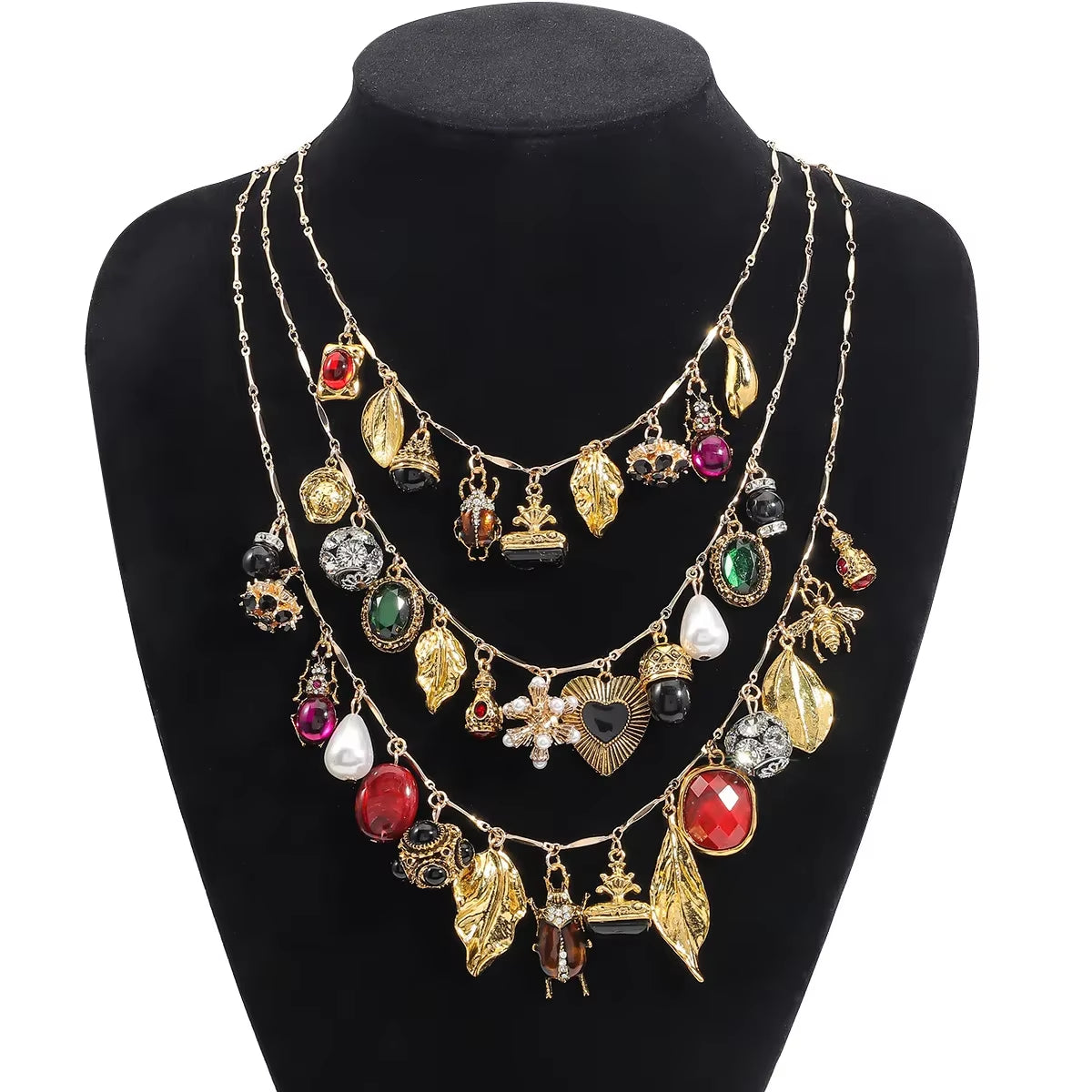 Multi Layer  Retro Insect Leaf Pendant Necklace